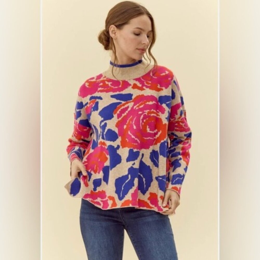 Jodifl Bold Floral Sweater – Pink, Blue & Orange - Medium